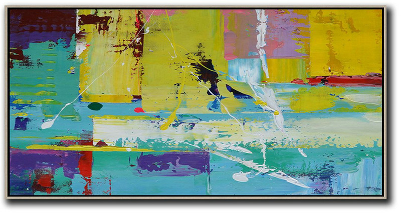 Original Artwork Extra Large Abstract Painting,Horizontal Palette Knife Contemporary Art Panoramic Canvas Painting,Giant Canvas Wall Art,Yellow,Pink,White,Blue,Purple.etc